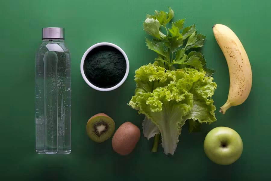 Water bottle, lettuce, kiwi, apple and banana on a green table
