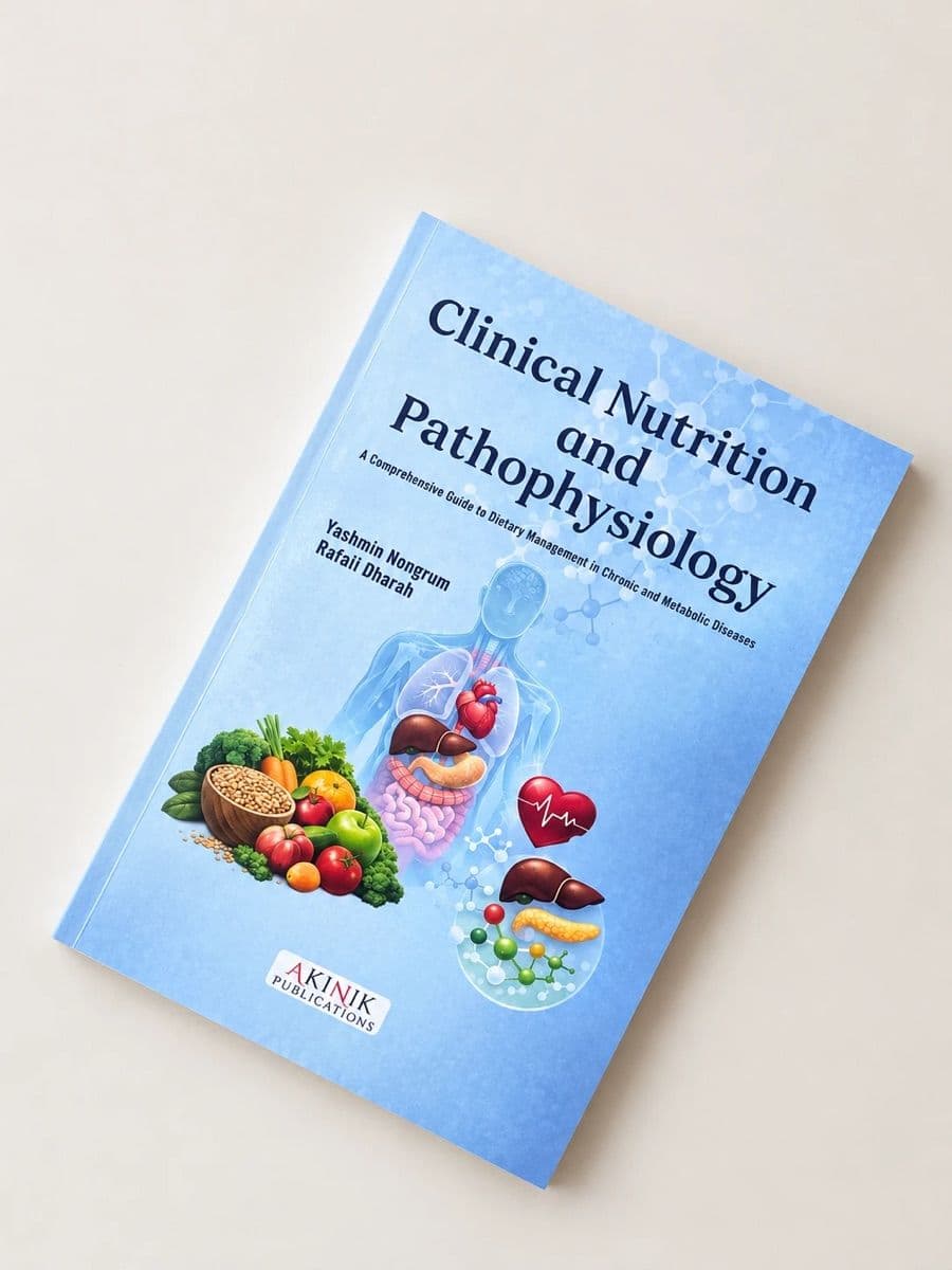 The textbook Clinical Nutrition and Pathophysiology, lying on a cream table